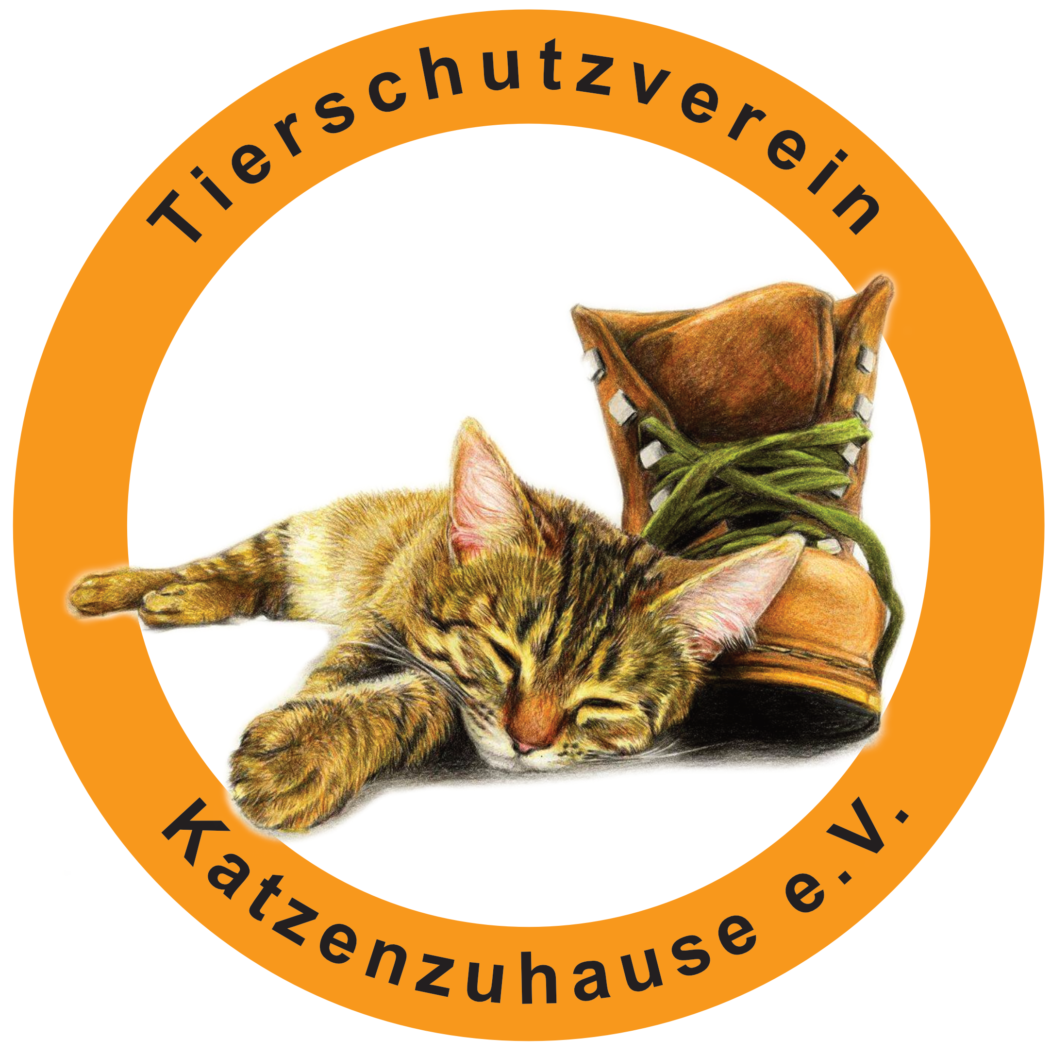 Das Logo vom Tierschutzverein Katzenzuhause ist kreisförmig. Im äußeren orangenen Kreis ist der Vereinsname enthalten. In der Mitte auf weißem Hintergrund ist eine gezeichnete getigerte Katze, die sich an einem Schuh anlehnt.